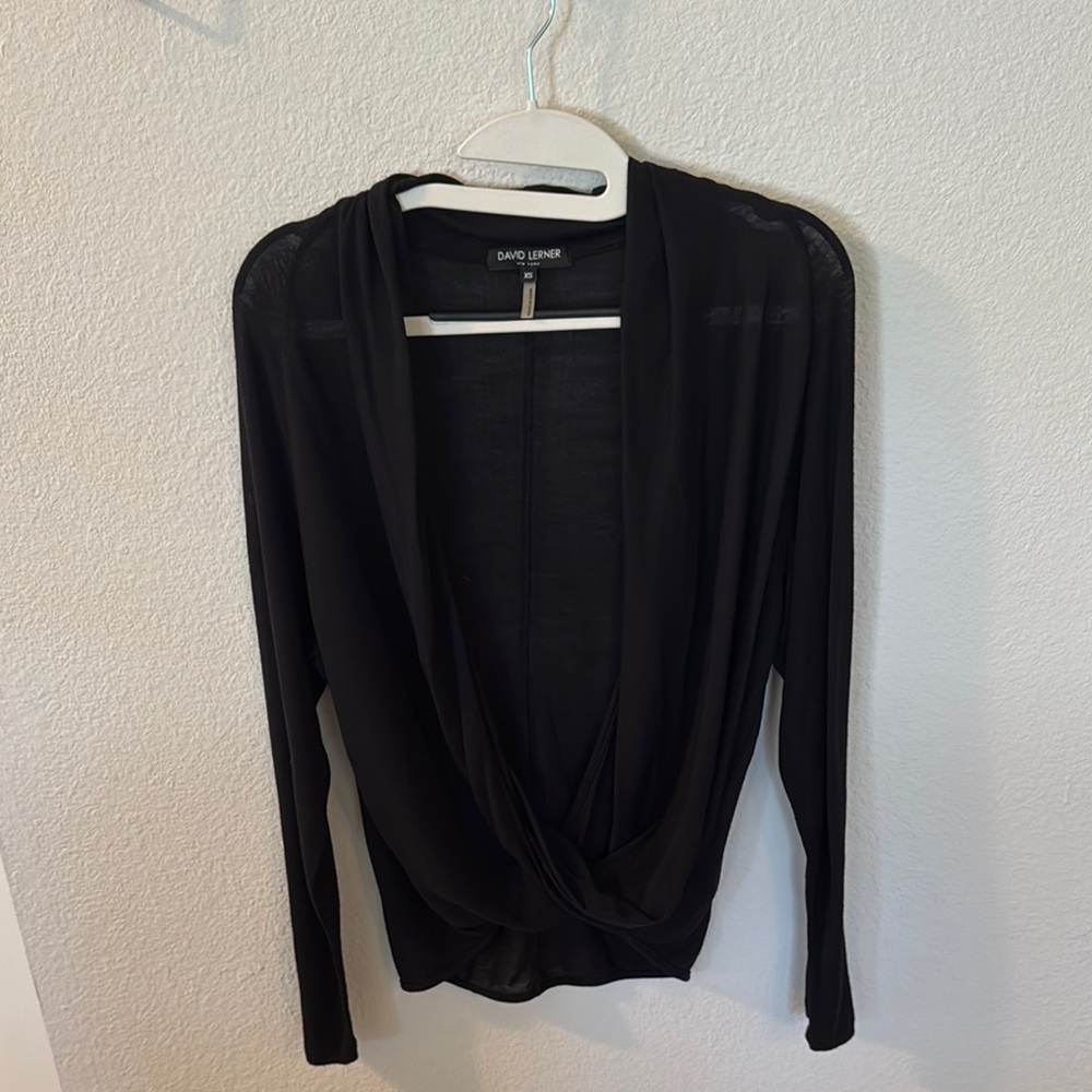 David Lerner Black Long Sleeve Wrap Blouse